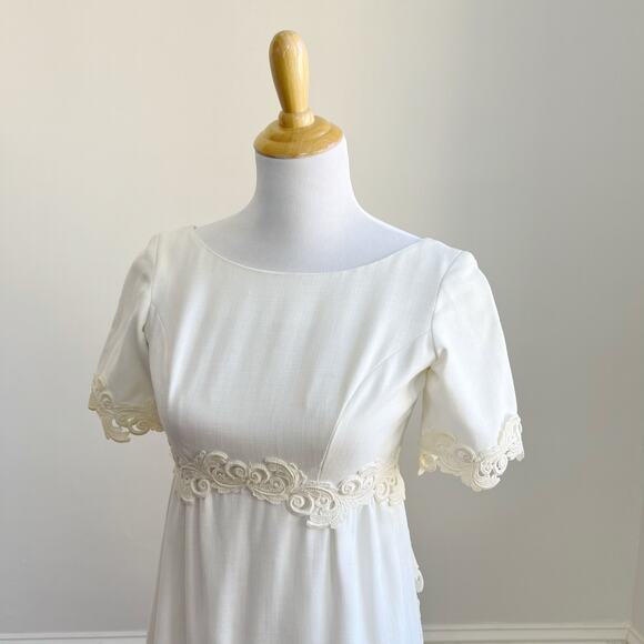 Vintage 60s Linen Wedding Dress Murray Hamburger ILGWU Lace Trim Gown Train 2 - Picture 2 of 16